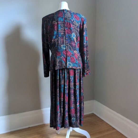 Vintage 90s Melissa Harper MHM Midi Dress Rose Paisley Velvet Peplum Size 8 - Picture 4 of 9